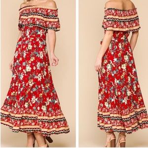 Red Floral Print Midi Dress Off the Shoulder Dress